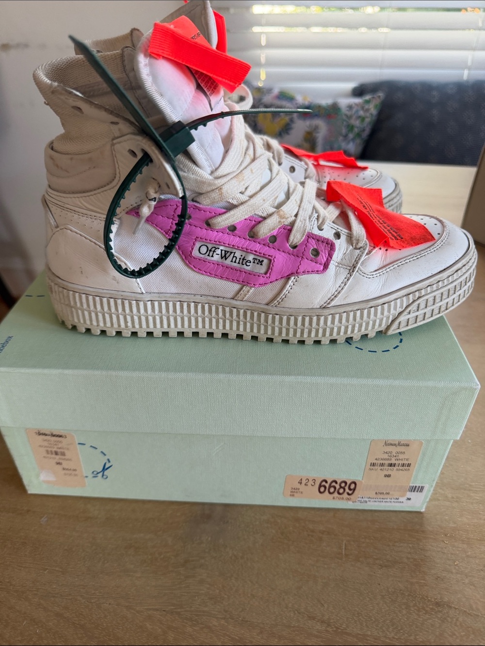 Off-White High-Top Sneakers in White with Pink and Neon Orange Tags